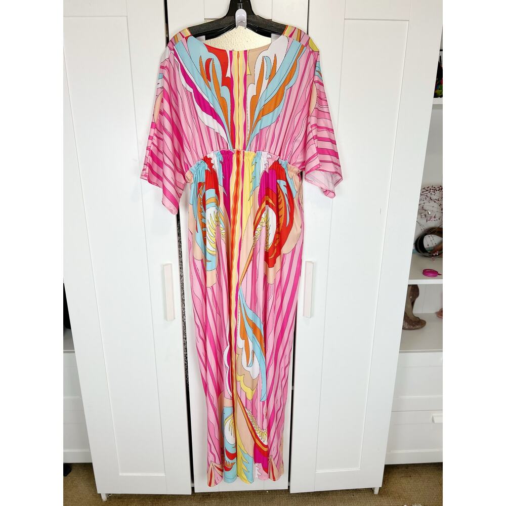 Pink Abstract Batwing Sleeve Elastic Waist Button Down Summer Maxi Dress Size XL - Picture 12 of 16